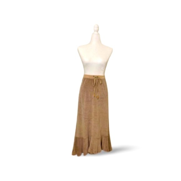 Blue Sky Beige Velour Ruffle Maxi Skirt With Drawstring Waistband - Size S - Picture 2 of 9